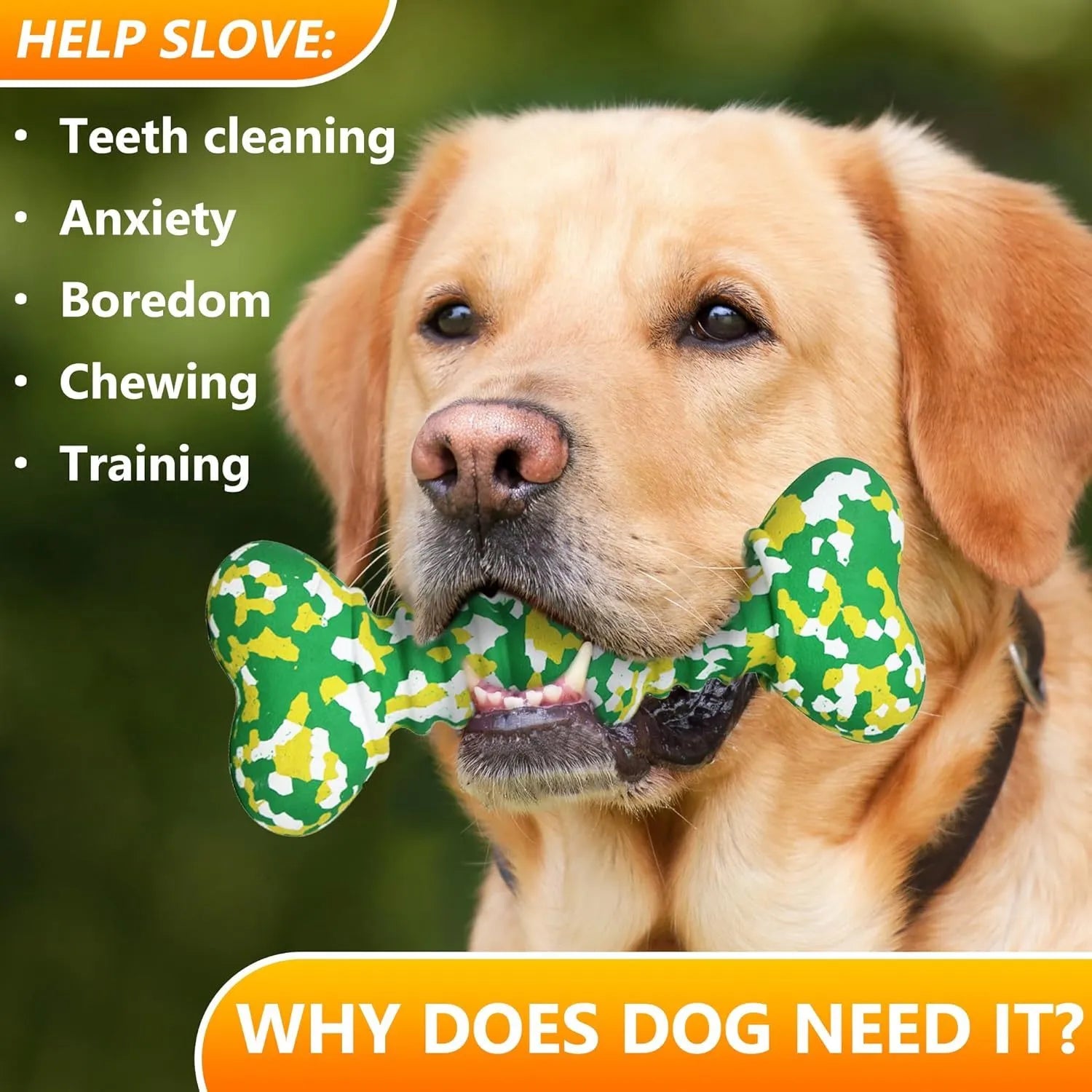 Organic natural rubber dog chew toy in camouflage pattern for aggressive chewers, showing two size options