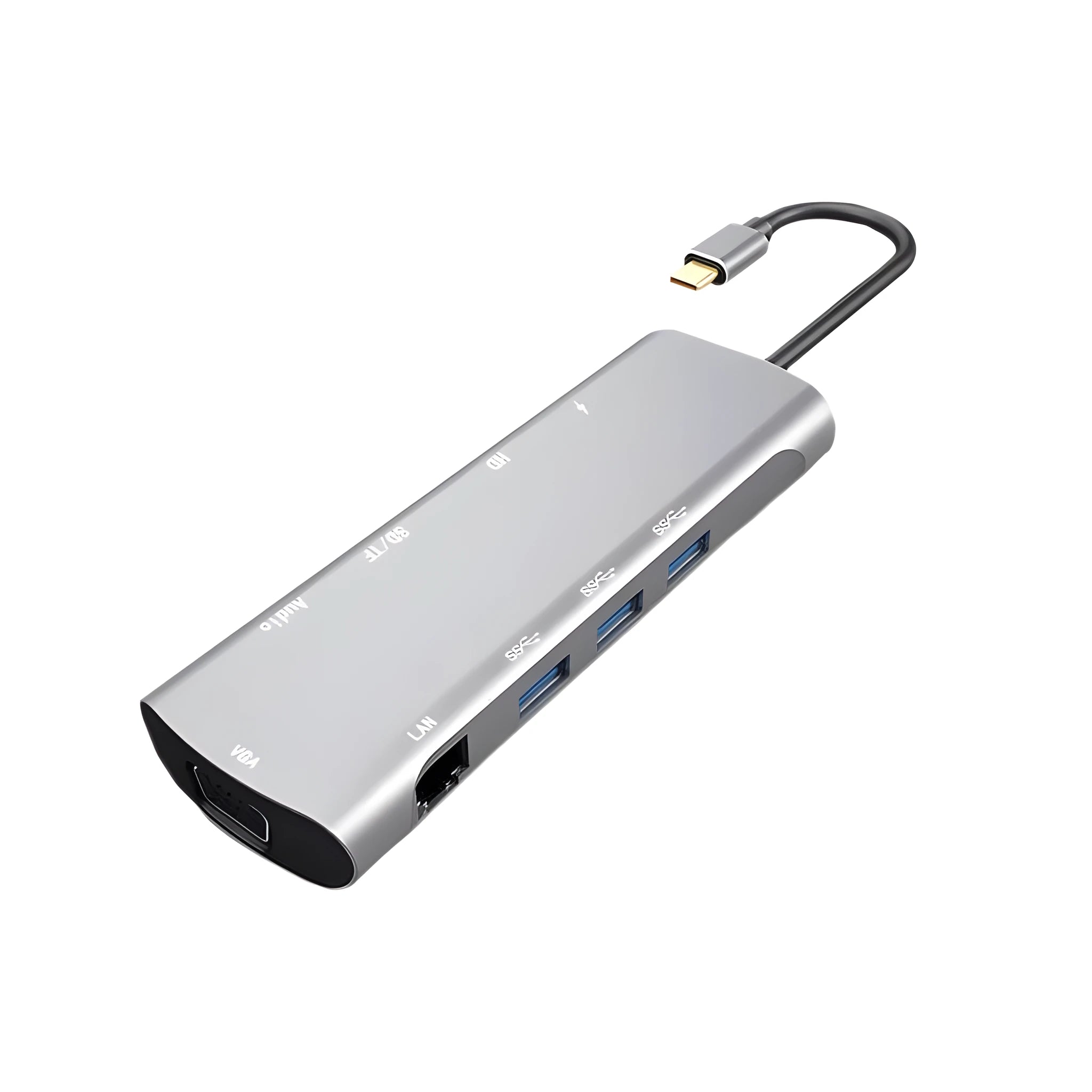 Grey aluminium USB-C docking station with HDMI, VGA, USB 3.0 ports and 140mm cable