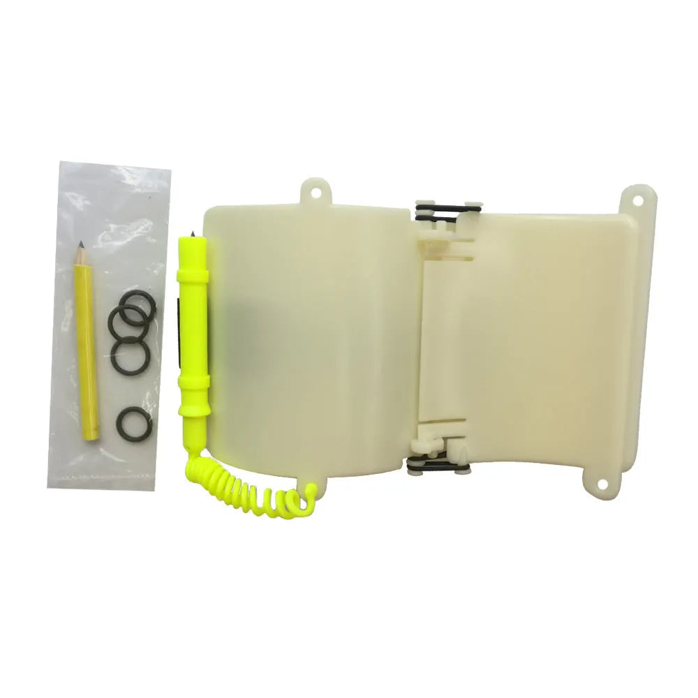 White luminous underwater writing board mounted on diving wrist with pencil and spare O-ring