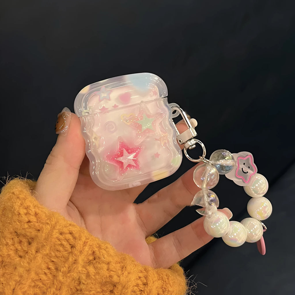 Pink transparent silicone AirPods case with three-dimensional five-pointed star design and star hand rope