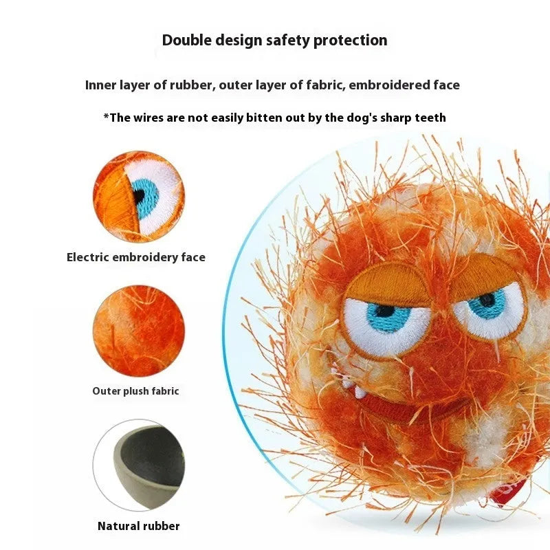 Rubber molar dog toy ball with plush sound, shown in orange yellow or yellow green