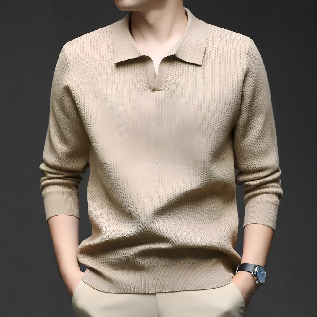 Men's loose-fitting casual pullover sweater in autumn colours on a hanger