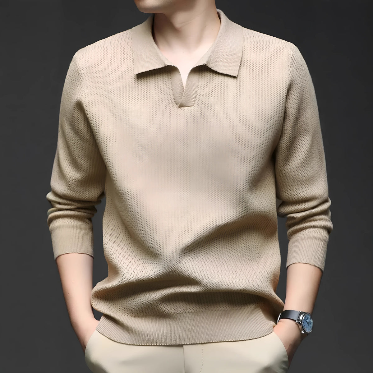 Men's loose-fitting casual pullover sweater in autumn colours on a hanger