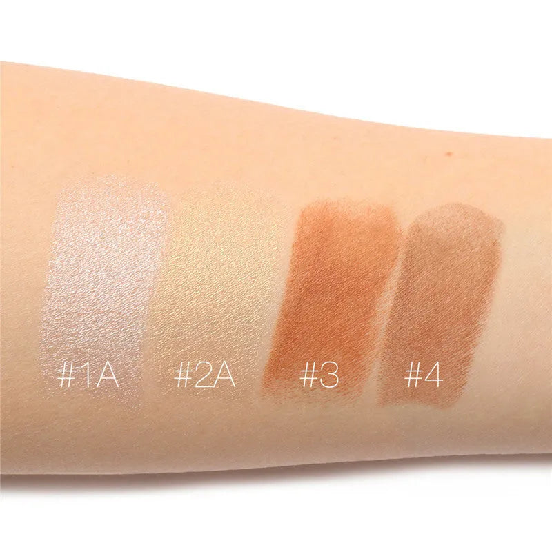 Pressed powder face contour highlighter compact showing four shade options labelled A, B, C, D