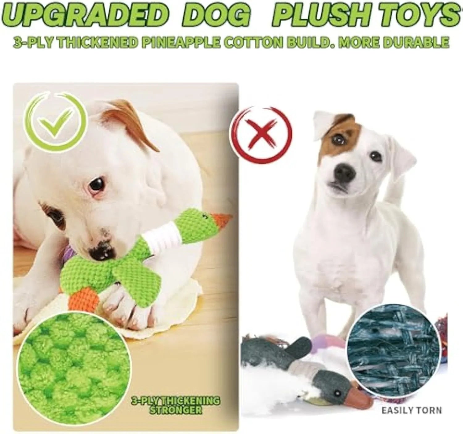 Blue duck-shaped plush dog toy with two squeakers measuring 33cm long