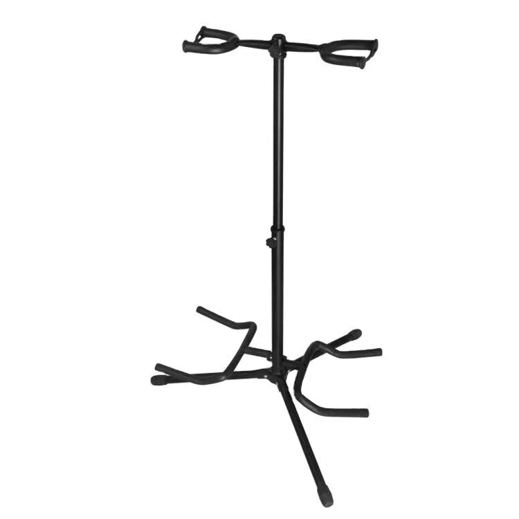 Black iron vertical double-headed folding guitar stand holding two guitars.