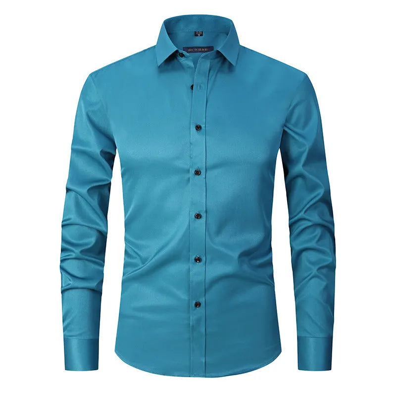 Men's long sleeve slim fit cardigan shirt in solid colour, stretch polyester blend, sizes 38-48