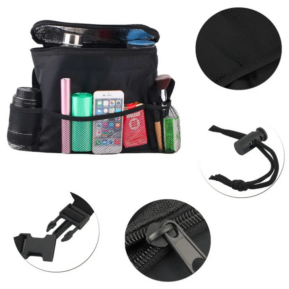 Black nylon universal car seat back organiser multi-pocket storage bag with adjustable straps and tissue holder