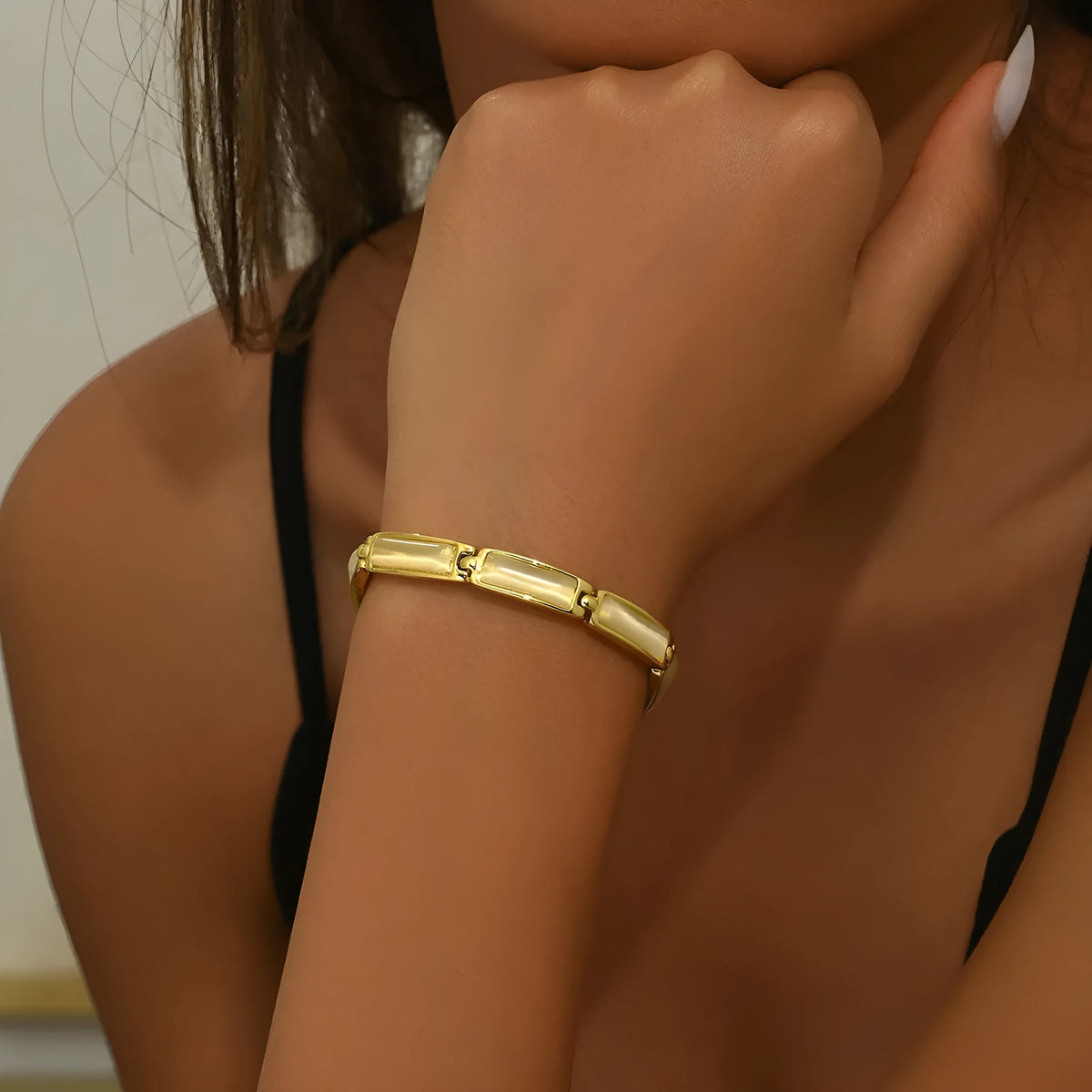 Geometric rose gold opal bracelet for women with alloy quadrilateral shape and gemstone inlay
