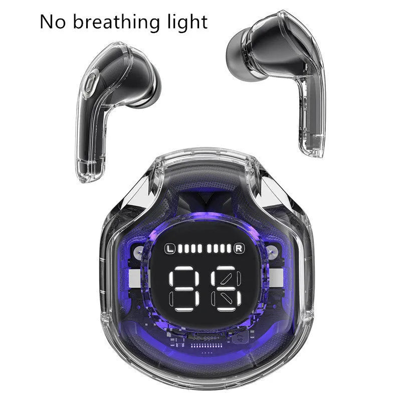 Transparent wireless Bluetooth in-ear headset shown in multiple colour options on a white background.