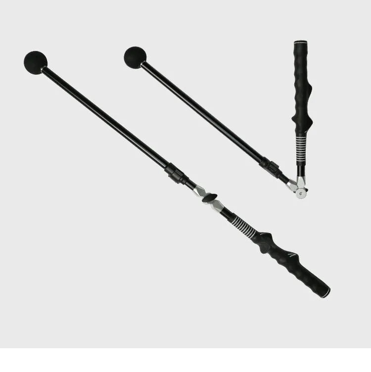 Golf folding swing trainer with aluminium shaft and rubber grip, extendable from 79cm to 110cm, in black or blue
