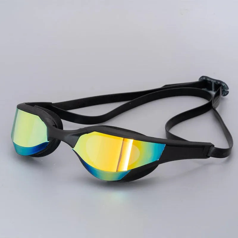 Racing style swimming goggles with anti-fog lenses and adjustable nose bridge on a blue background.