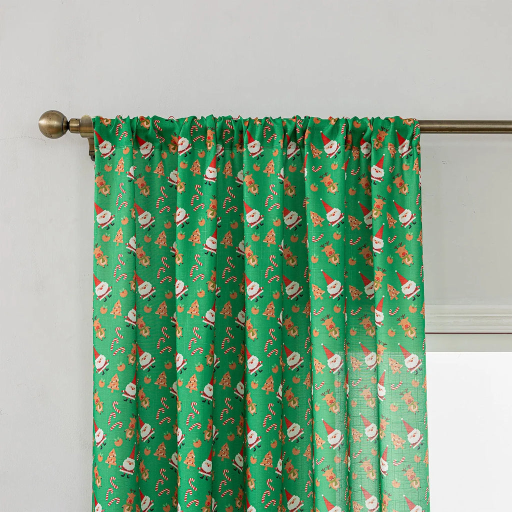 Christmas curtain with snowman and angel cartoon print in green colour, 1 metre width
