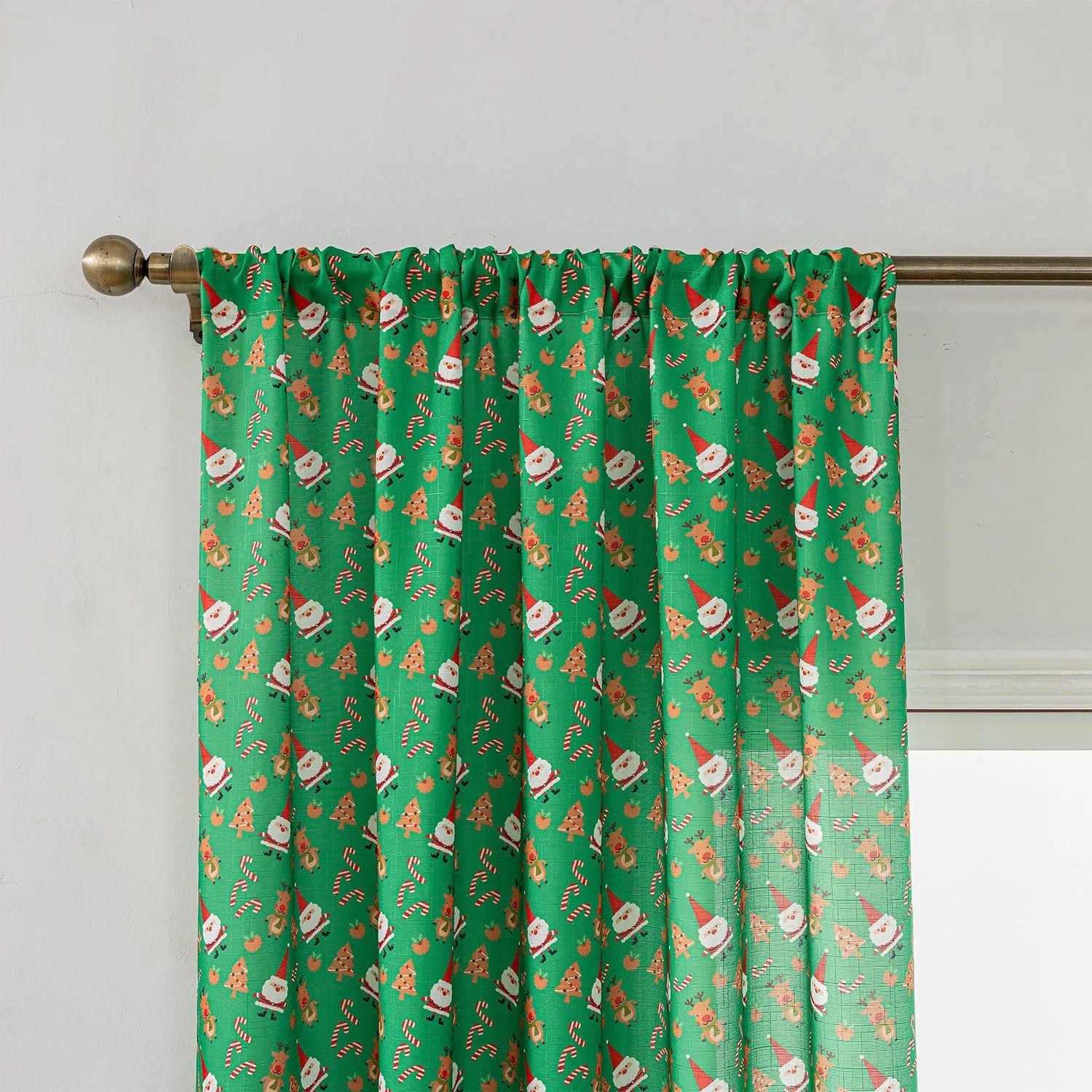 Christmas curtain with snowman and angel cartoon print in green colour, 1 metre width