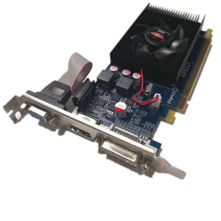 HD7450 black desktop graphics card with AMD H7450 chip, 2GB DDR3 memory, DVI VGA HDMI ports, PCI Express 2.0