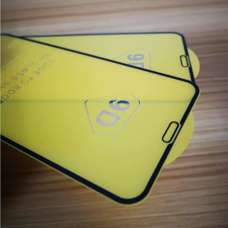 Black-bordered tempered glass screen protector for Xiaomi phones on a white background.