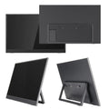 Black 15.6-inch portable monitor with adjustable stand on desk showing office application
