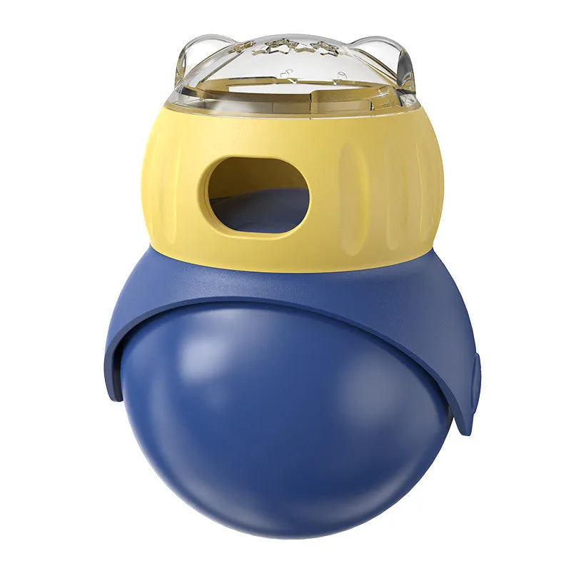 Owl-shaped plastic cat puzzle feeder with tumbler mechanism in Morandi yellow and blue colours