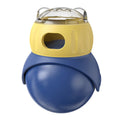 Owl-shaped plastic cat puzzle feeder with tumbler mechanism in Morandi yellow and blue colours