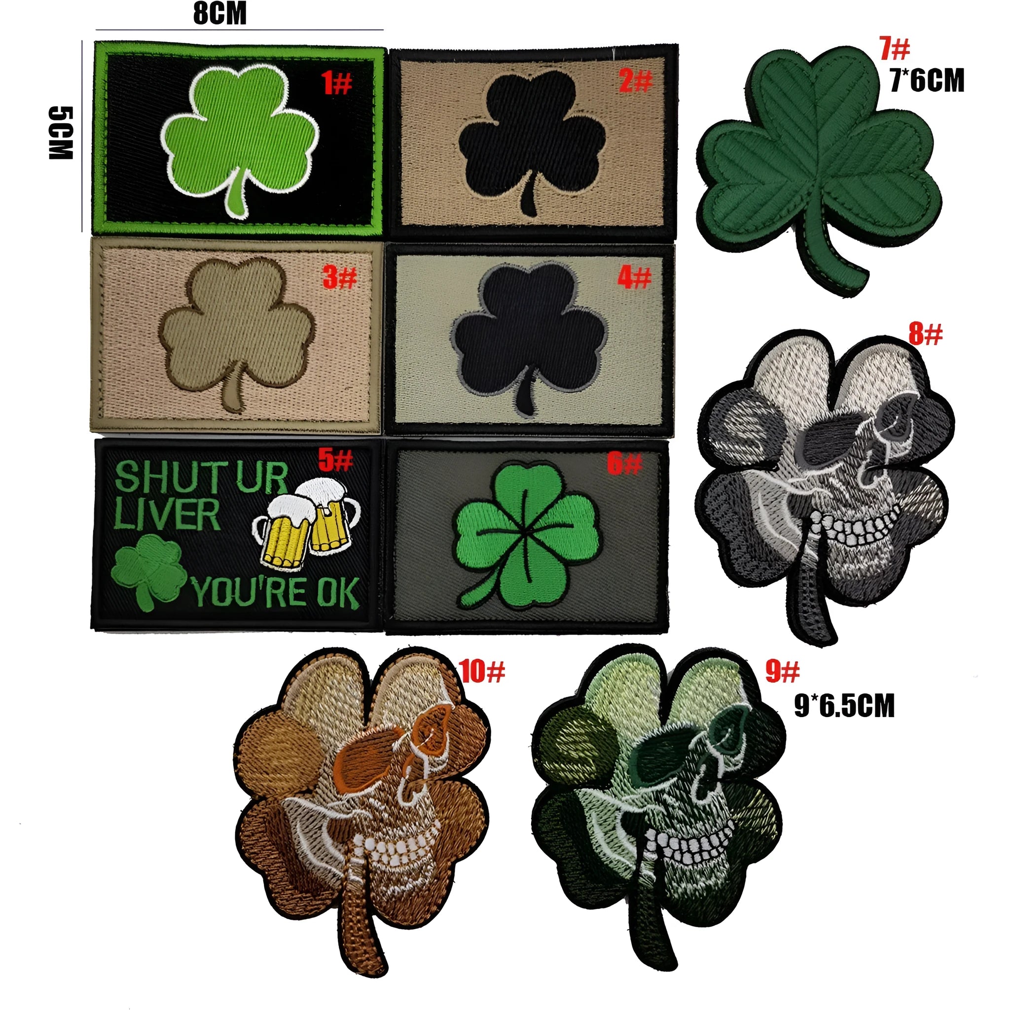 Outdoor embroidered fabric badge with Velcro strip showing clover design in green on nylon polyester material