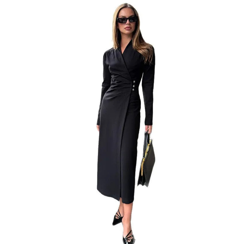 Simple all-matching black long sleeve dress for women polyester hip skirt casual wear