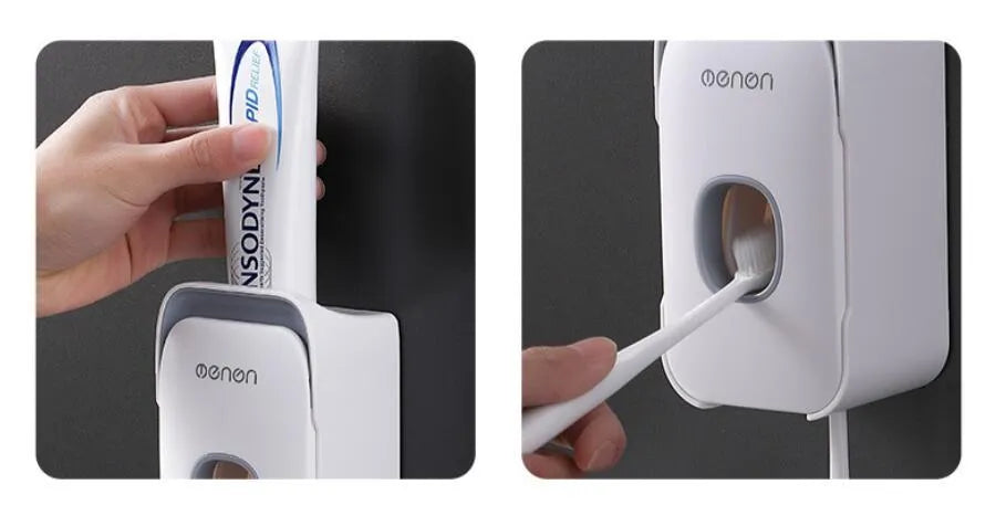 Wall-mounted automatic toothpaste dispenser in blue, grey, and pink colours
