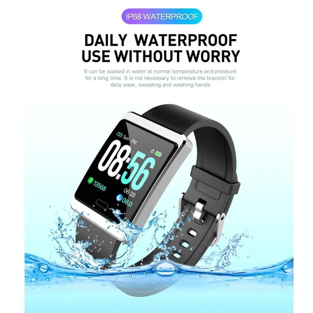 Super Screen smart watch in black with touch operation, health monitoring, motion tracking, 180mAh battery, and 5m to 10m wireless distance.