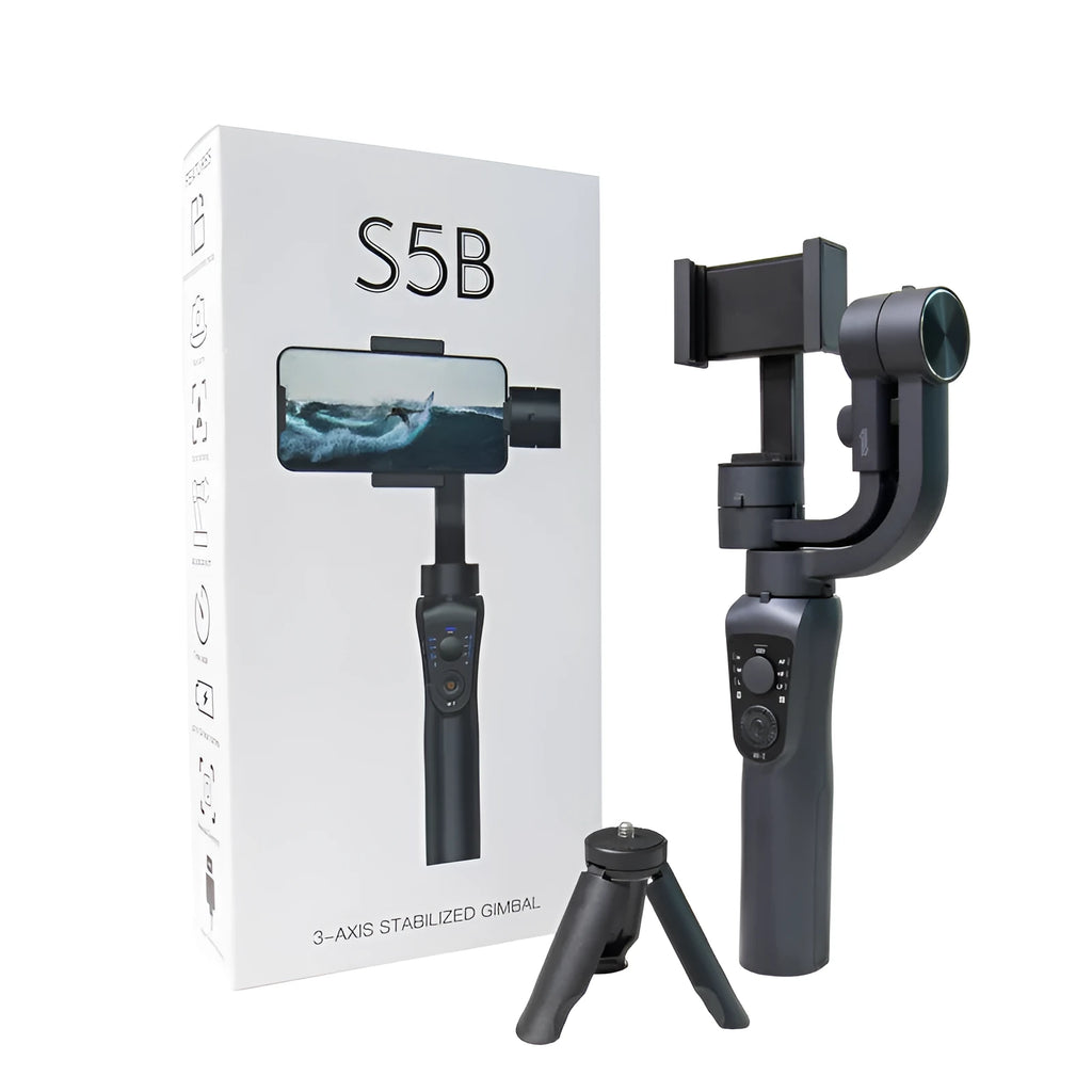 Black three-axis handheld gimbal stabilizer for mobile phones with hard case and tripod
