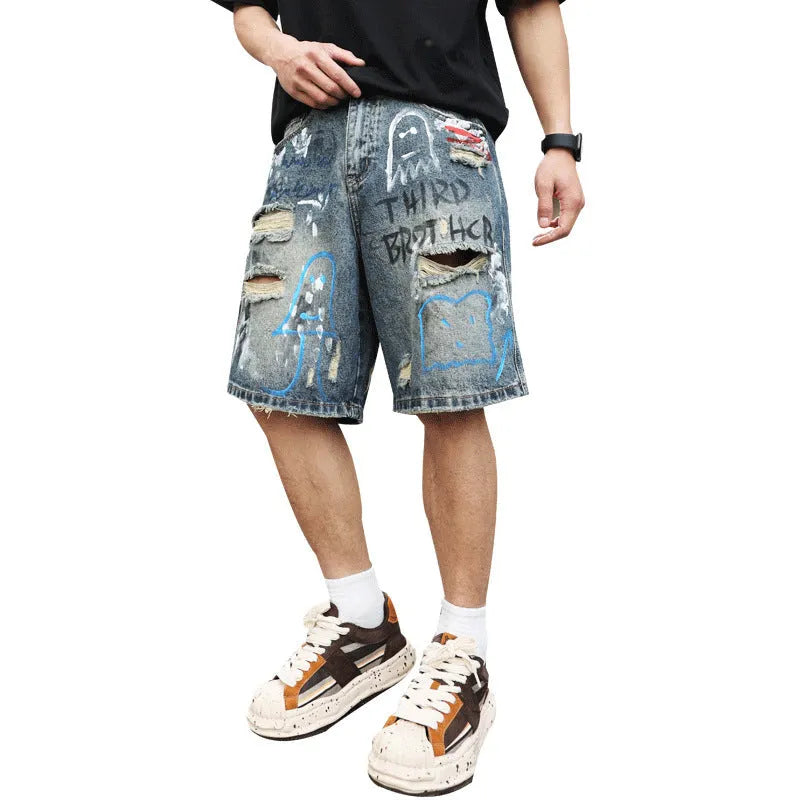 Men's blue denim jeans shorts with straight-leg cut and zipper fly closure