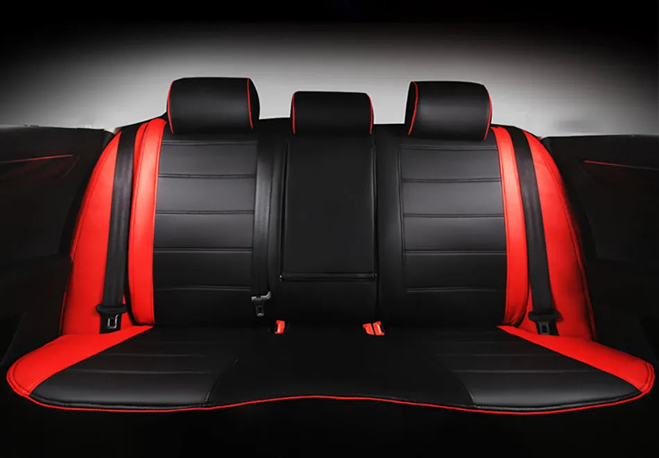 Universal car seat cover made of cow leather in black with red line binding style