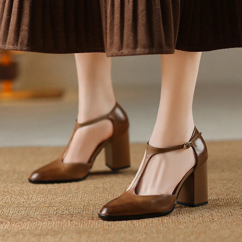 Baotou hollow retro pointed toe Mary Jane shoes in dark brown with buckle fastening