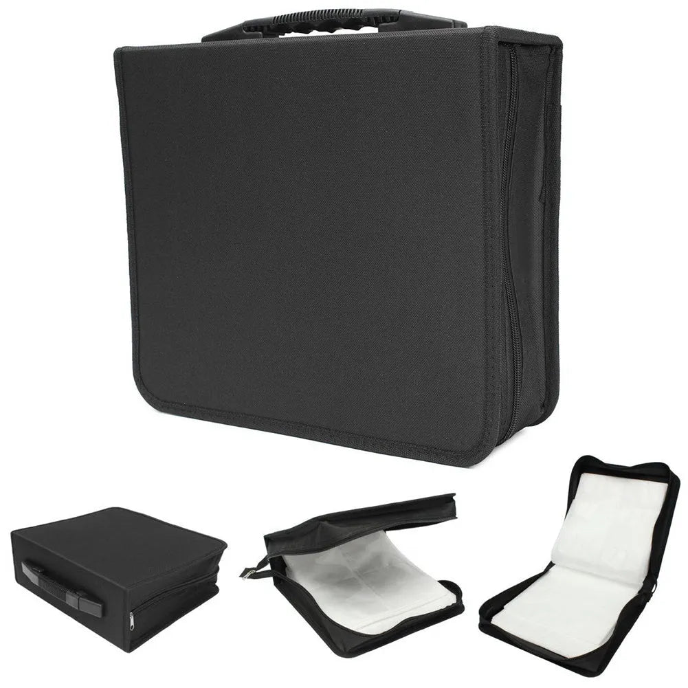 Black Oxford fabric CD DVD storage binder with top carry handle and zipper closure.