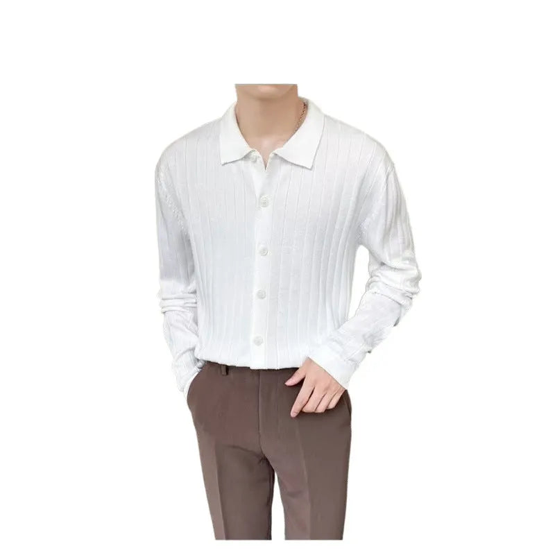 Men's loose fit cotton chenille cardigan sweater with lapel collar, available in green grey black white