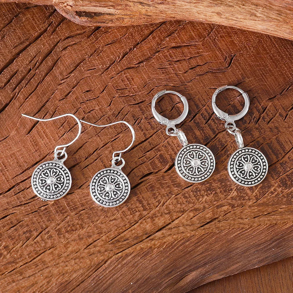 Geometric round zinc alloy earrings with distressed ethnic bohemian styling and electroplated finish