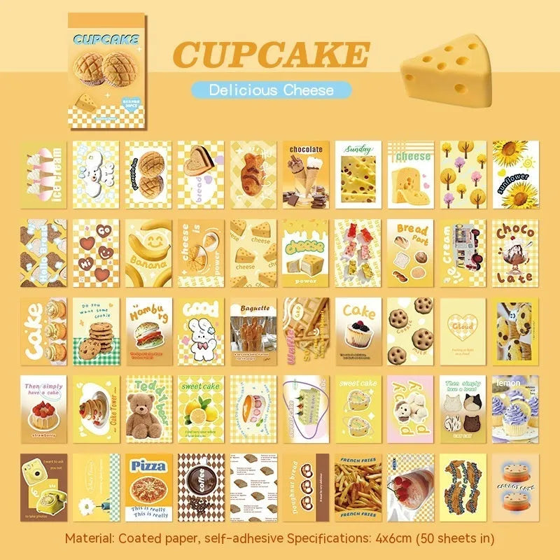 Copper board paper cartoon sticker book open showing 4x6cm sheets in various colours.