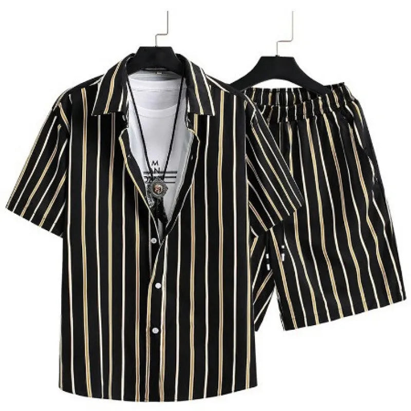 Men's digital print casual suit featuring a short sleeve cardigan and matching elastic polyester shorts.