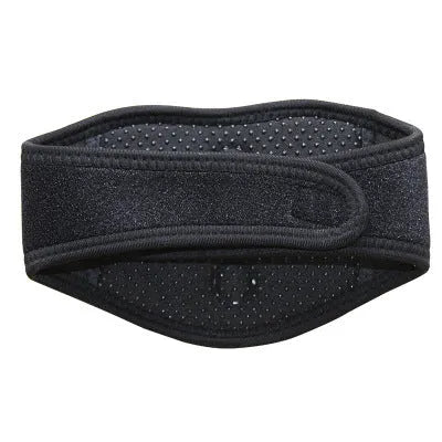 Black self-heating magnetic neck guard with adjustable shoulder strap laid flat.