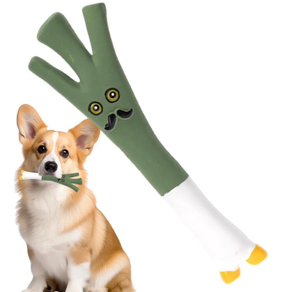 Green latex dog chew toy shaped like a cartoon onion, next to a purple eggplant-shaped chew toy.