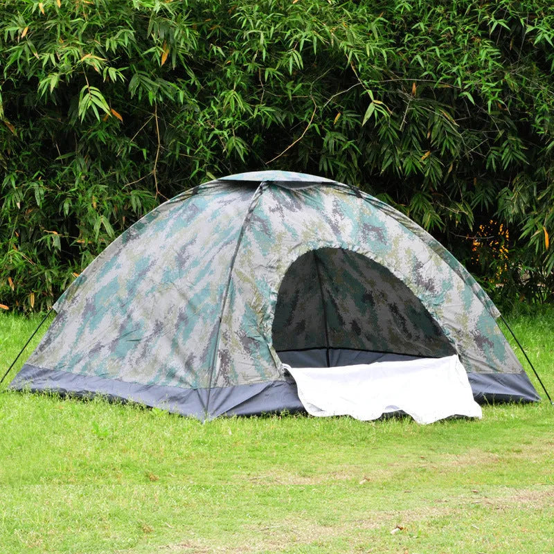 Camouflage two-person camping tent with triangular skylight and breathable mesh panels