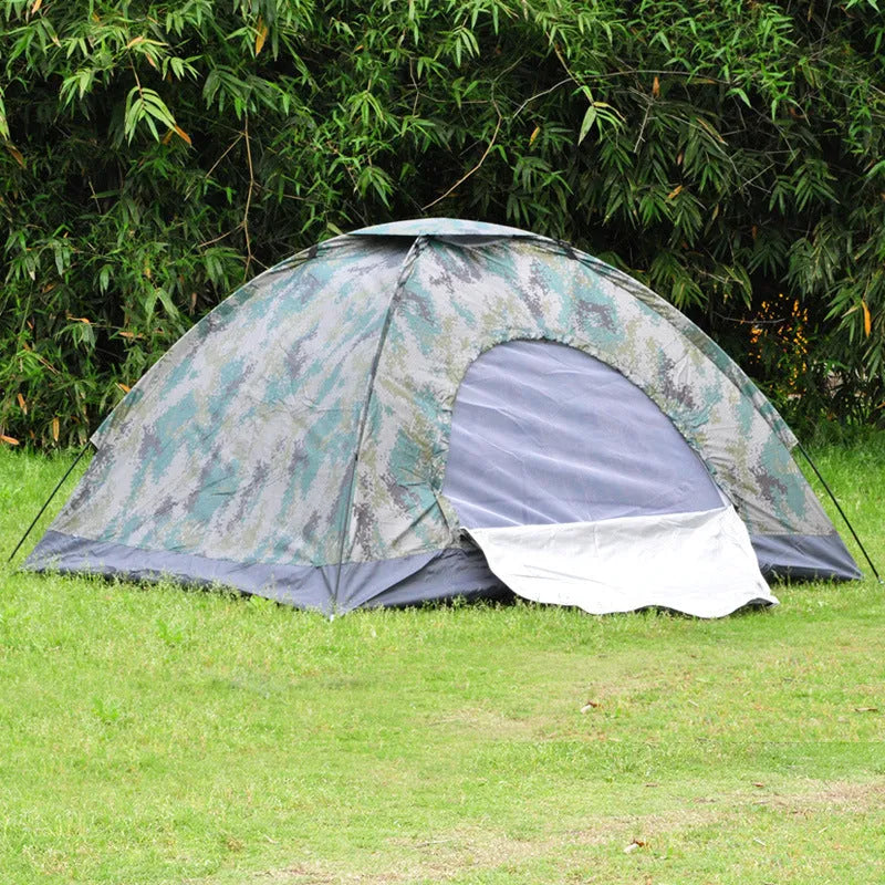 Camouflage two-person camping tent with triangular skylight and breathable mesh panels