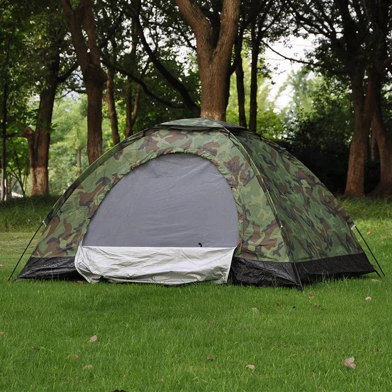 Camouflage two-person camping tent with triangular skylight and breathable mesh panels