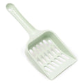 Blue plastic cat litter scoop showing length and sieve pattern for cleaning litter trays.