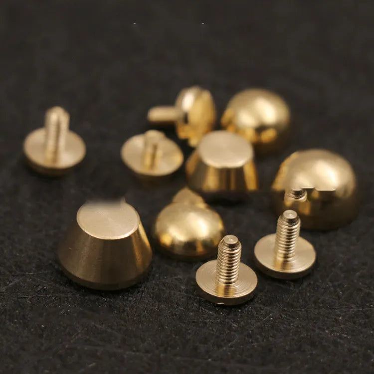 Brass decorative belt buckle showing round and bucket foot nail shapes in 10x6mm and 12x7mm sizes.