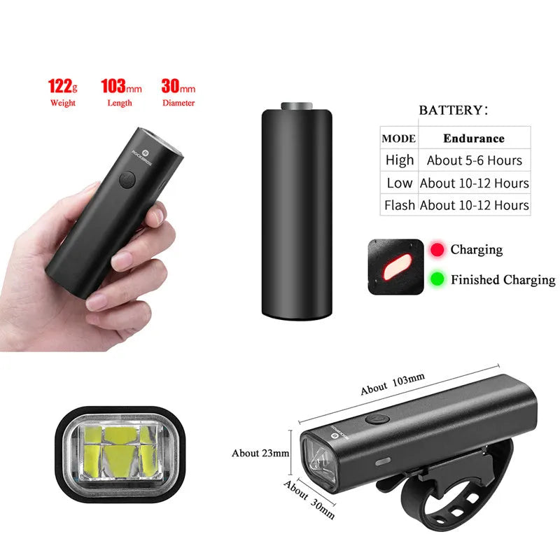 ROCKBROS black aluminium alloy bicycle headlight with 400 lumens USB rechargeable, 103x23x30mm