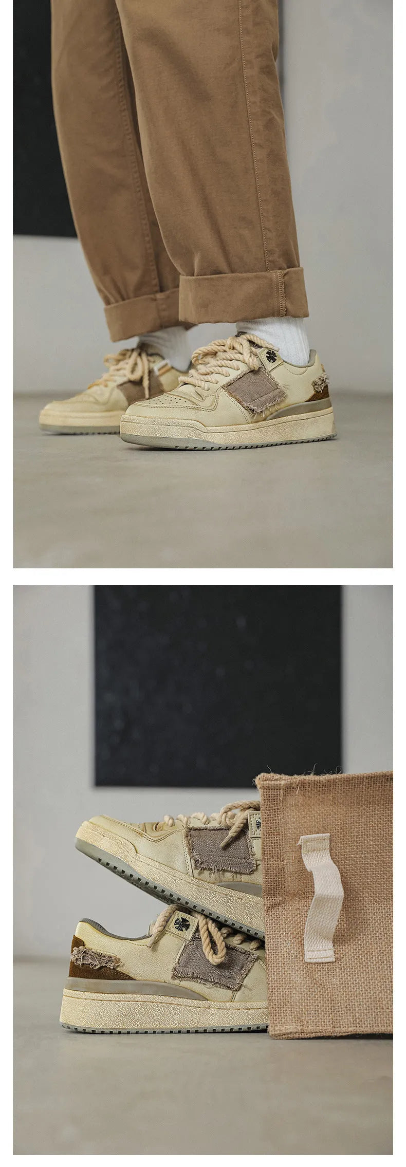 Beige low-top men's skateboard sneakers with a round toe and front lace-up on a rubber sole.