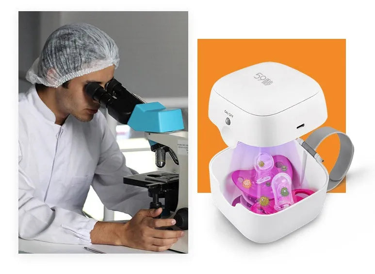 White or pink baby pacifier disinfection box, 9.5cm ABS case with 260-280nm LED and lid-open safety cut-off