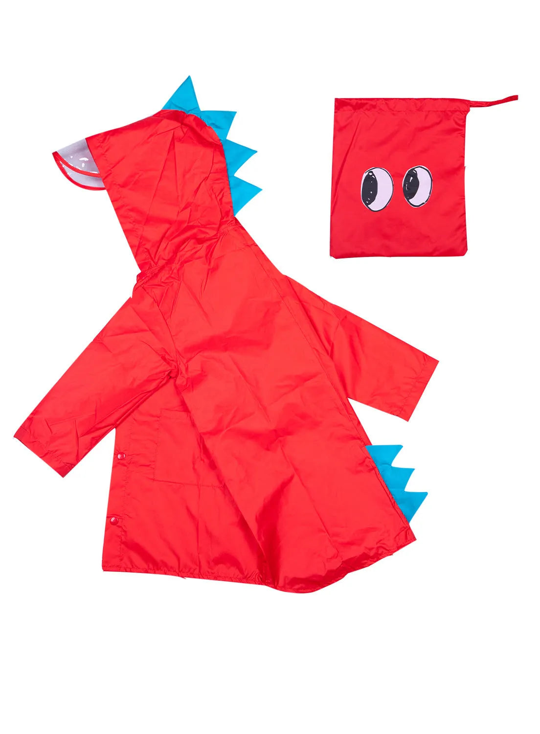 Dinosaur raincoat for kids in red or yellow, hooded design, sizes S to 3XL with size chart measurements
