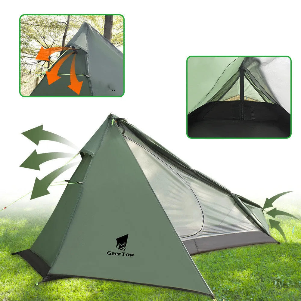 Single poleless tent full set in green with aluminium alloy bars, one bedroom and one hall, 0.95kg, waterproof 1500mm-2000mm