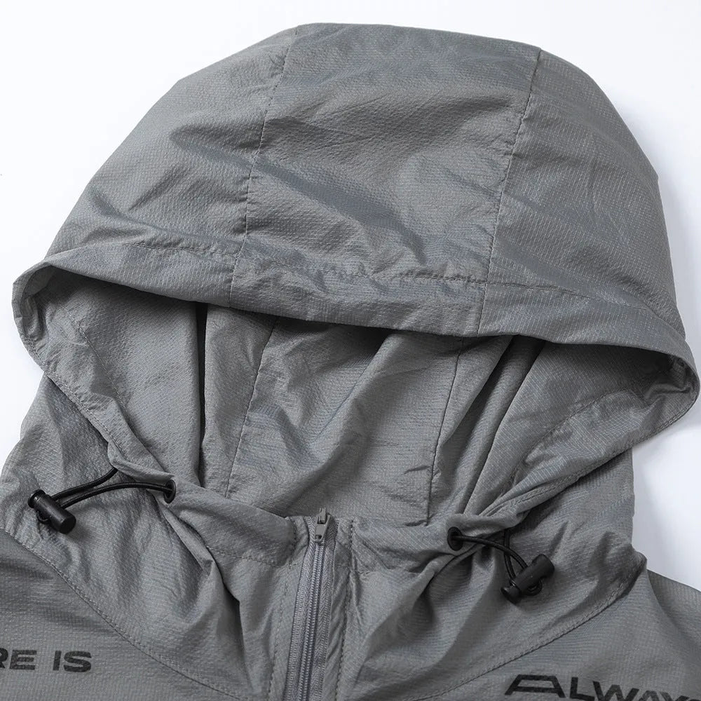Men's gray nylon sun protection jacket with English letter print, front view, leisure outdoor wear