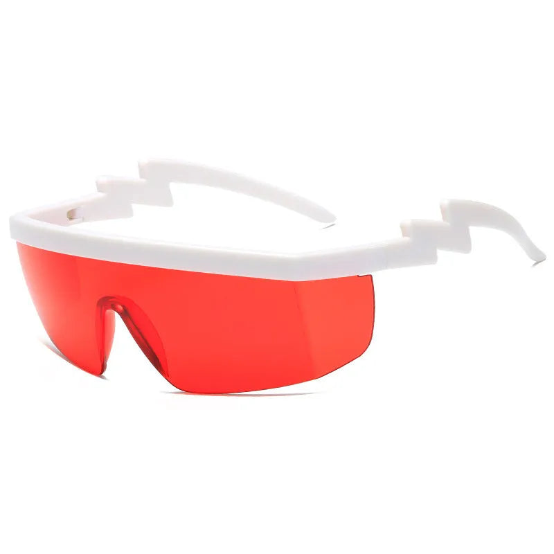 One-piece sports sunglasses with lightning leg side arms in black frame with blue PC lens